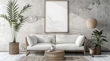 Contemporary Scandinavian Home Interior with Mock-Up Frame and Stylish Decor Template.