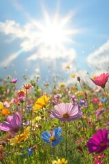 A field of flowers with a bright sun shining on them. The sun is the main focus of the image, and the flowers are scattered throughout the field