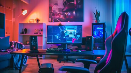 Gaming Setup with RGB Lighting and a Gamer Chair