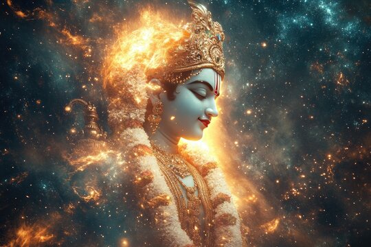 Lord Krishna depicted as Vishwaroop( cosmic form) showing the universe within him, with a radiant aura