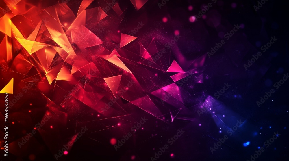Poster this abstract background features a dynamic composition of geometric shapes in shades of red, orange