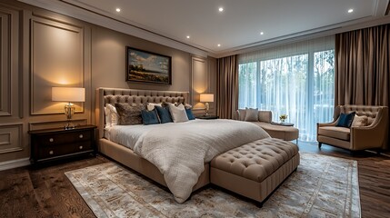 A luxurious bedroom with a king-size bed, a tufted ottoman, and a large window with brown curtains and sheer drapes.