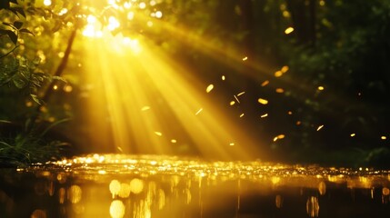 Obraz premium Sunlight beams through a lush forest canopy, casting a golden glow on a tranquil stream. The scene evokes feelings of hope, peace, and renewal, symbolizing nature's beauty, spiritual awakening, and t