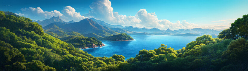 This captivating image captures a serene mountain lake nestled amidst lush green foliage, with a breathtaking blue sky overhead. The image symbolizes tranquility, nature's beauty, escape from the city