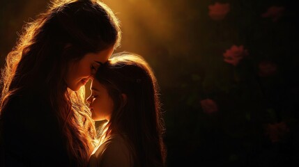 This intimate portrait captures a beautiful moment between a mother and her daughter, showcasing love, tenderness, connection, and warmth in a peaceful setting.