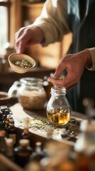 Mixing Herbal Remedies and Oils at Home With Natural Ingredients in a Cozy Kitchen Setting