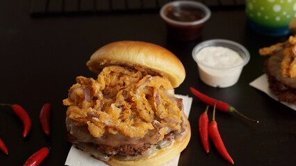 Organic burger with farm-fresh ingredients and variety of refreshing drinks. Energizing, eco-friendly meal perfect for anyone loving bold flavors, sustainability, and healthy eating.