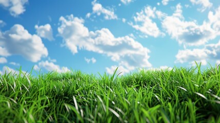 A beautiful field of green grass under a blue sky with white clouds, showing the bright, lush beauty of nature in a serene idyllic summer meadow.