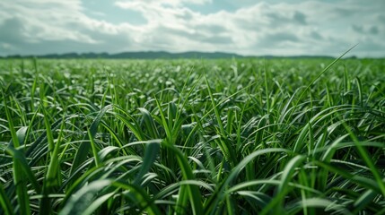 Obraz premium A vast green meadow under a sky with white clouds, capturing the bright, lush beauty of nature in a serene, idyllic summer setting.