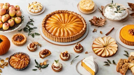 Fototapeta premium Assortment of Autumnal Pies and Tarts with Apples and Leaves