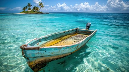 Fototapeta premium A small old boat floats across the ocean with a tropical island in the background.