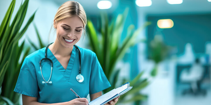 Young smiling nurse writes history in planner on blurred background of polyclinic with copy space, banner template