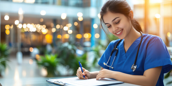 Young smiling nurse writes history in planner on blurred background of polyclinic with copy space, banner template