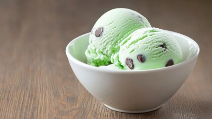 Two scoops of refreshing mint chocolate chip ice cream in a white bowl, perfect for a sweet treat on a hot day. The ice cream is a vibrant green color with chocolate chips scattered throughout. This i