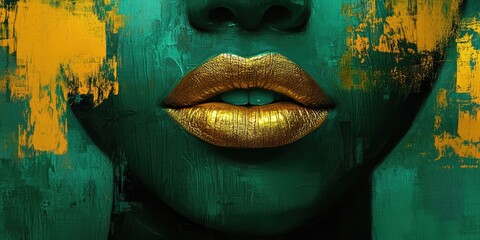Portrait with Gold Lips and Paint Strokes. AI generated illustration.