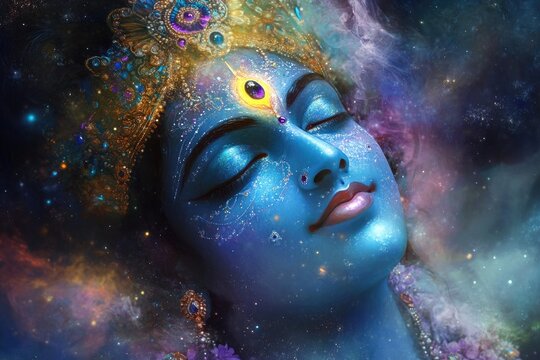 Lord Krishna depicted as Vishwaroop( cosmic form) showing the universe within him, with a radiant aura
