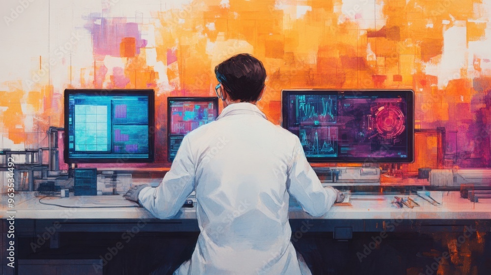 Aufkleber an engineer in a high-tech lab working on a new energy-efficient device, surrounded by watercolor to