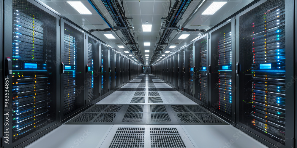 Poster data center server cluster - compact network devices, it infrastructure, structured cabling, fiber o