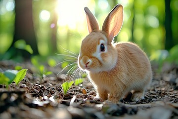 Fototapeta premium Rabbit with fur as soft as velvet, hopping gently through a forest clearing as the sunlight filters through the trees