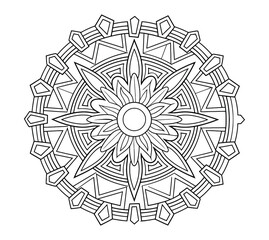 Black and White Outline Coloring Page of Mandala. Circular Pattern With Intricate Details, Including Triangles, Squares, and Circles. Easy Mandala Hand Drawn Outline Vector
