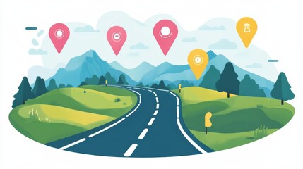 Obraz premium Scenic illustration of winding road through green hills with map pointers and mountains in the background. Travel and navigation concept.