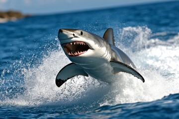 Naklejka premium Shark on a jet ski, tearing through the waves as it leaps out of the water in an exhilarating ride along the coastline