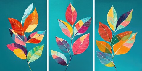 Obraz premium Vibrant Colorful Leaves on Teal Triptych. AI generated illustration.