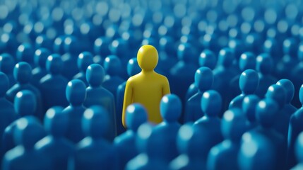 Obraz premium Amidst a sea of blue figures symbolizing the workforce, a vibrant yellow figure stands out, representing the ongoing search for the perfect candidate in recruitment and talent selection