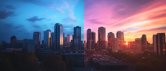Obraz premium Dramatic cityscape with half blue and half pink sunset sky.