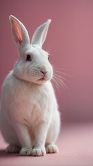 A white rabbit with pink ears is sitting on a pink background.