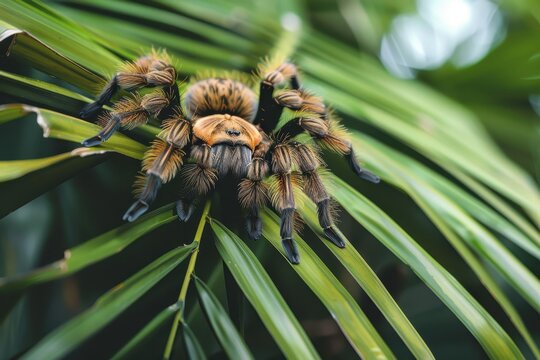 Scary tarantula on palm leaf outside