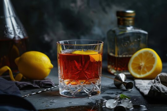 Styled photo of a Sazerac cocktail with absinthe bitters and lemon on a dark background