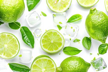 Top view of fresh lemonade with green lemon and ice on white background