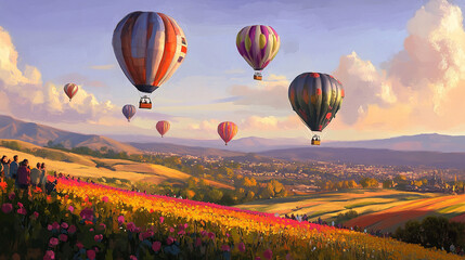 Fototapeta premium Breathtaking Hot Air Balloon Festival: Colorful Balloons Over Scenic Landscapes 