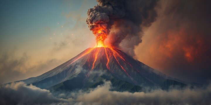 a volcano erupting with smoke and clouds.