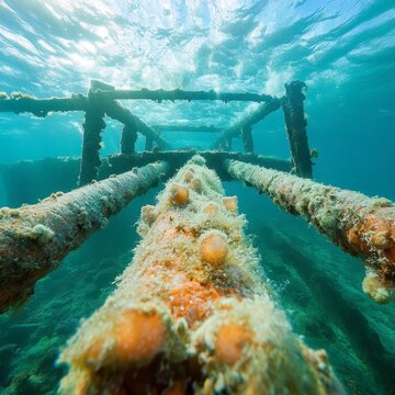 7. Beautiful underwater view of a shipwreck covered in corals, creating a unique and exotic atmosphere