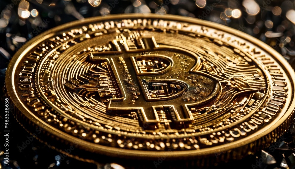 Poster detailed close-up of a golden bitcoin coin with intricate engravings, placed on a dark, glittering s