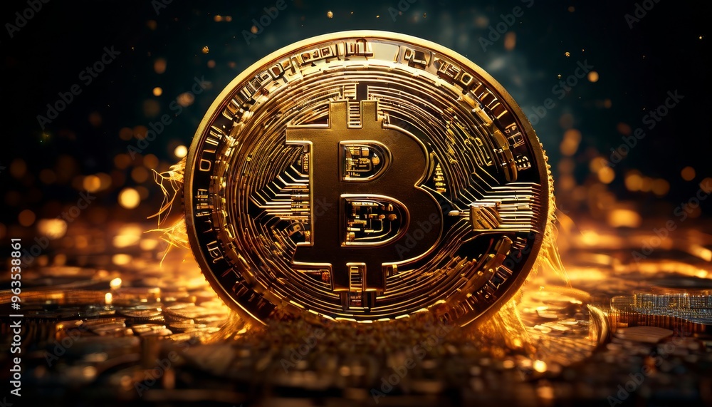 Poster a close-up of a golden bitcoin symbol stands out in a futuristic, digital setting. the background fe