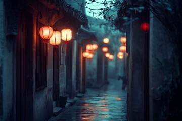 A street with lanterns hanging from the buildings. The lanterns are lit up and the street is wet from the rain
