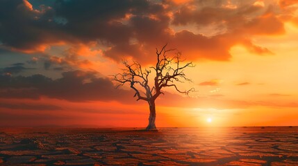 Dead Tree Standing in a Desolate Landscape Under a Vivid Sunset