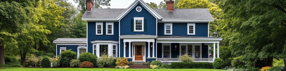 A blue house with a white trim sits on a grassy lawn. The house has a porch and a large window