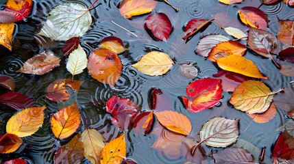 Autumn Leaves Floating in a Puddle of Water