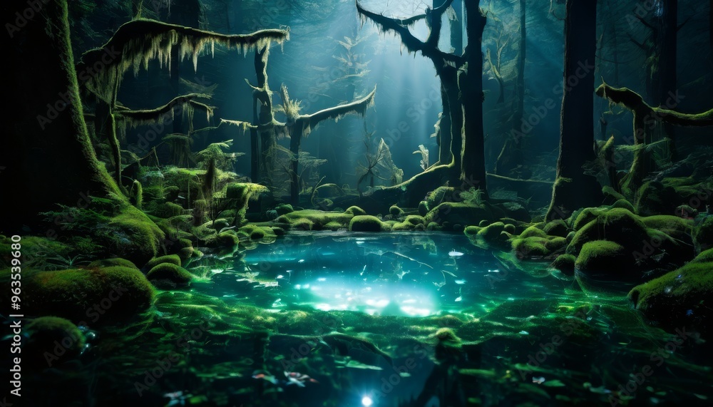 Poster a mysterious forest pond glows with an ethereal light as beams of sunlight filter through the dense 