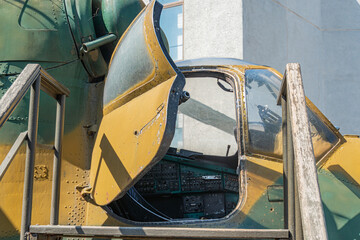 Military helicopter part General Purpose Dispenser. Military khaki coloring. Metal weapons. Arms supplies for Ukraine. Aviation and rotorcraft. Transport and airlift. Military industry. Fly and flying