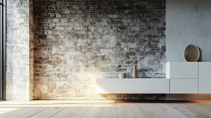 Modern room undergoing construction, featuring a wall of bricks and a wooden floor.