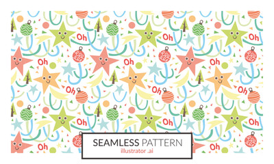 Motif répétitif vectoriel de Noël, étoiles filantes multicolores avec visages souriants, boules décoratives de Noël, ruban de papier cadeau et petites sapins verts, style joyeux et festif papeterie