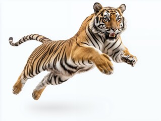 A tiger leaps through the air with its mouth open, its claws extended, and its eyes focused on the target.