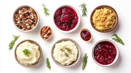 A top view of various Thanksgiving side dishes including cranberry sauce, mashed potatoes, and nuts arranged in bowls on a white background.