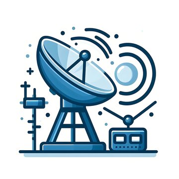 recommend clip art: Telecommunications Engineering,a flat illustration vector image of a satellite dish, radio tower, and signal waves, placed on white back for graphics resources, engineering educational category