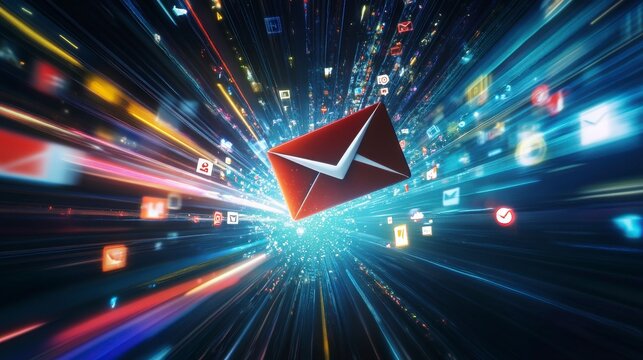 A surreal digital landscape where a Gmail envelope is floating mid-air, with light beams and small icons of tools and ideas circling around it, symbolizing help, knowledge, and tips, vibrant colors,